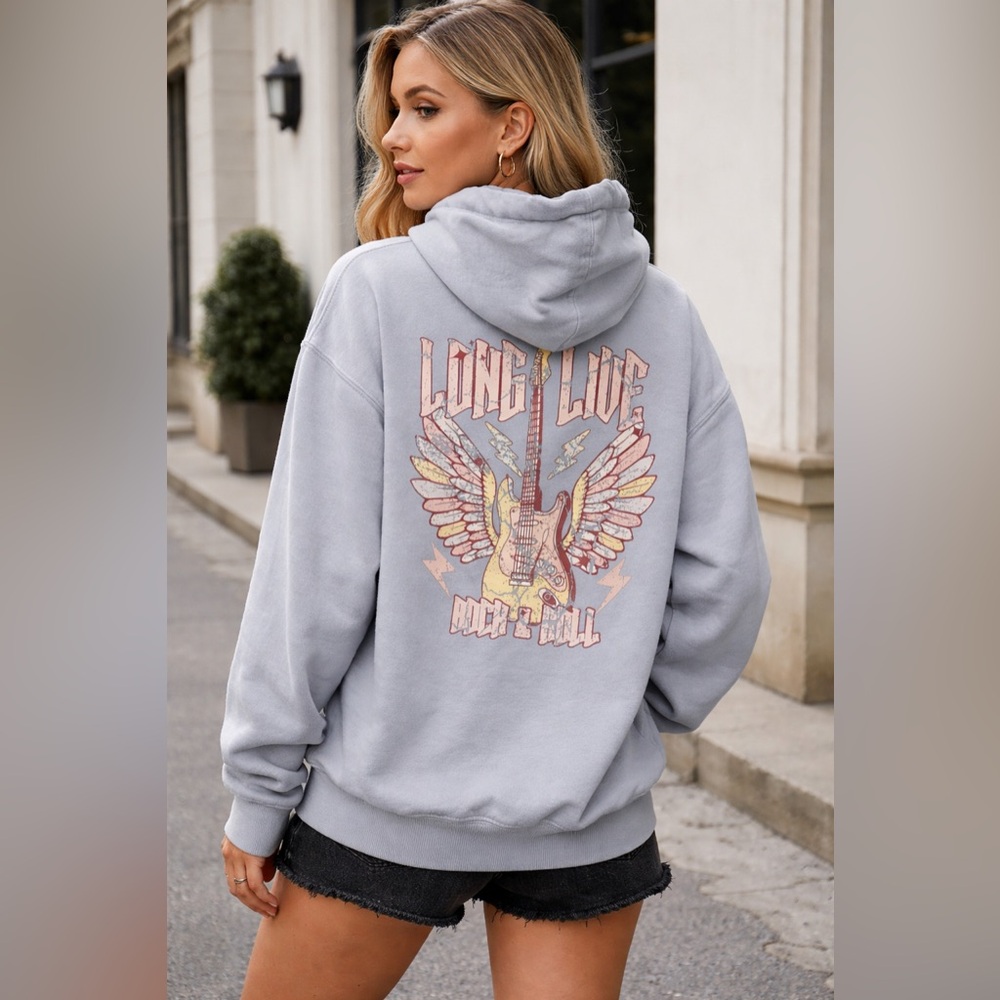 Womens “Long Live Rock and Roll” Graphic Hoodie Cotton Jacket Full Zip XL Purple